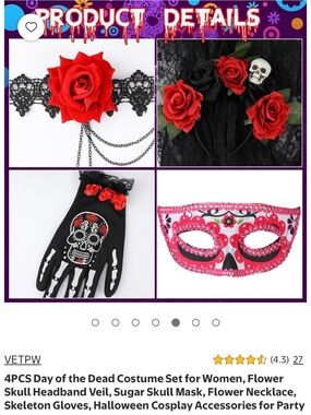 Red Rose Gothic Day of the Dead Accessory Set